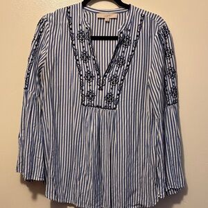 LOFT Navy and White Embroidered Blouse